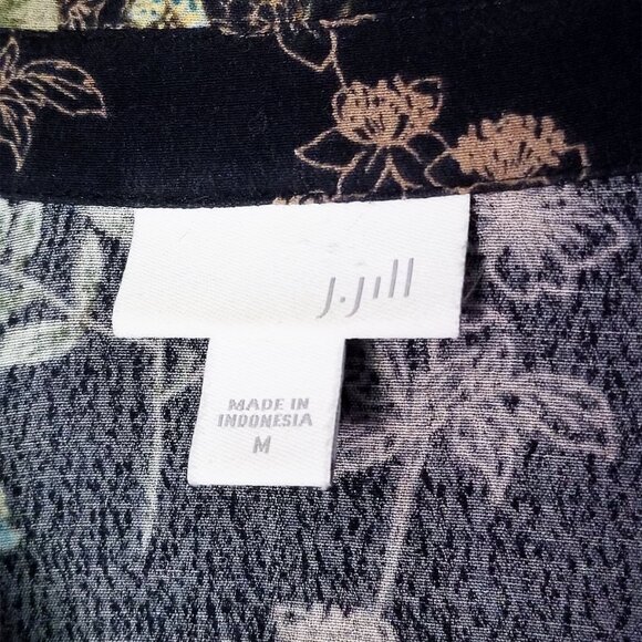 J. Jill Black Botanical Floral Button Front Shirt Blouse Tunic Long Sleeves M - Picture 5 of 15